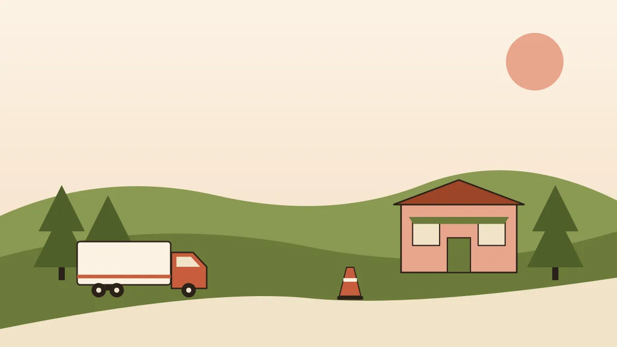Campagne vallonnée de Haute-Saône avec forêts et collines, un camion sur une route nationale en direction d'un restaurant de village, avec un cône qui marque la place réservée